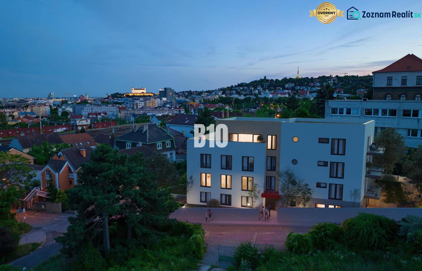 Abendlicher Blick auf Bratislava von der Matúškova-Straße, der eine 2-Zimmer-Wohnung in einem Neubau zeigt.
