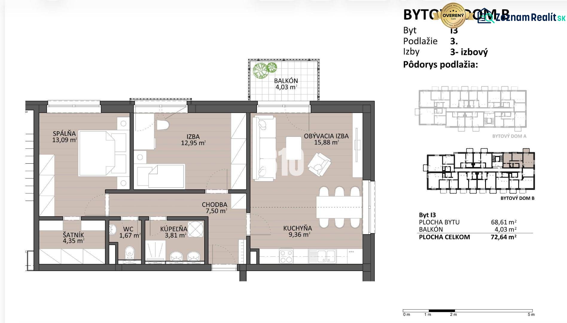 Grundriss einer 3-Zimmer-Wohnung mit Balkon, einer Fläche von 72,64 m² und einem Boden in Holzoptik.