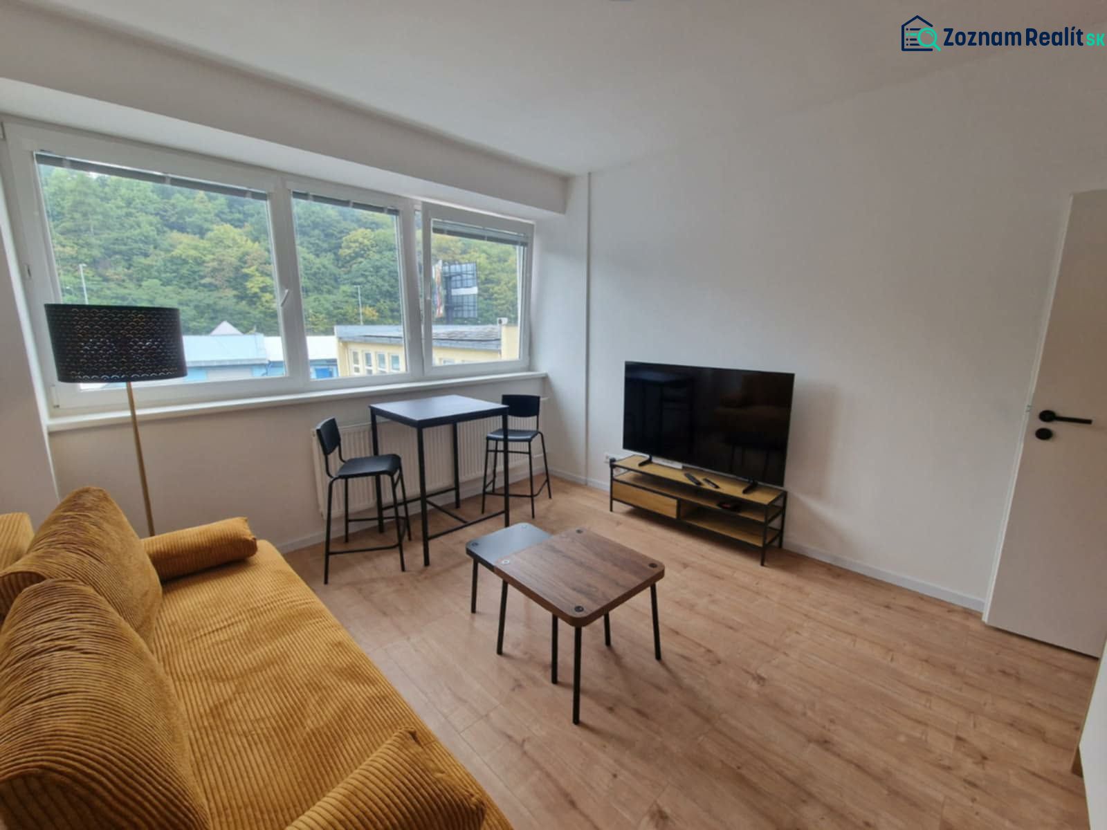 Wohnzimmer mit Sofa, Fernseher und Holzboden in einer 2-Zimmer-Wohnung.