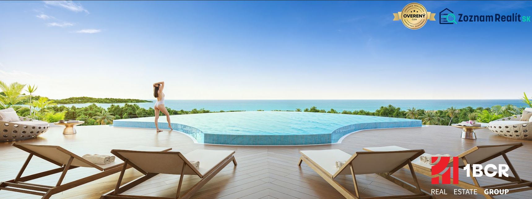 Pool mit Meerblick und Liegestühlen, Wohnungsbau in Phuket.