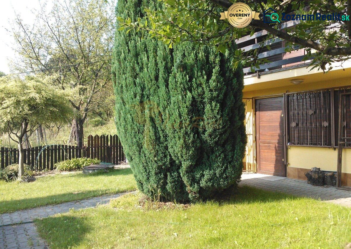 Vor dem Einfamilienhaus in der Karloveská Straße in Bratislava - Karlova Ves befindet sich ein Garten mit einem Nadelbaum.