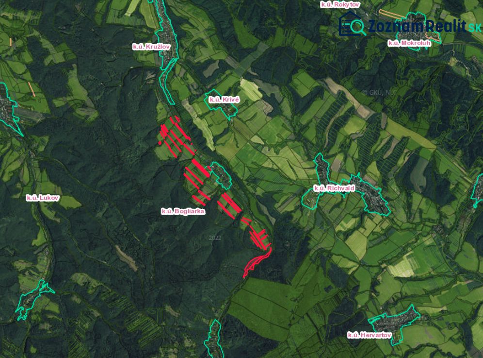 Luftaufnahme von landwirtschaftlichen und forstwirtschaftlichen Flächen rund um Bogliarka.