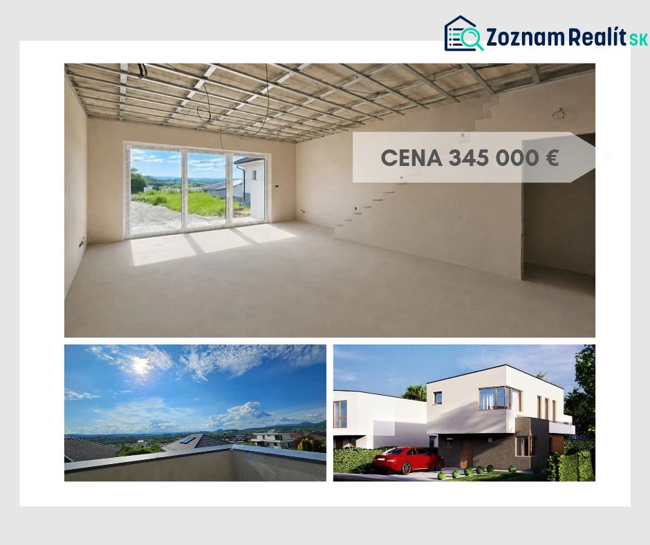 Innenraum eines Einfamilienhauses mit großen Fenstern und Blick auf Prešov. Preis: 345 000 €.