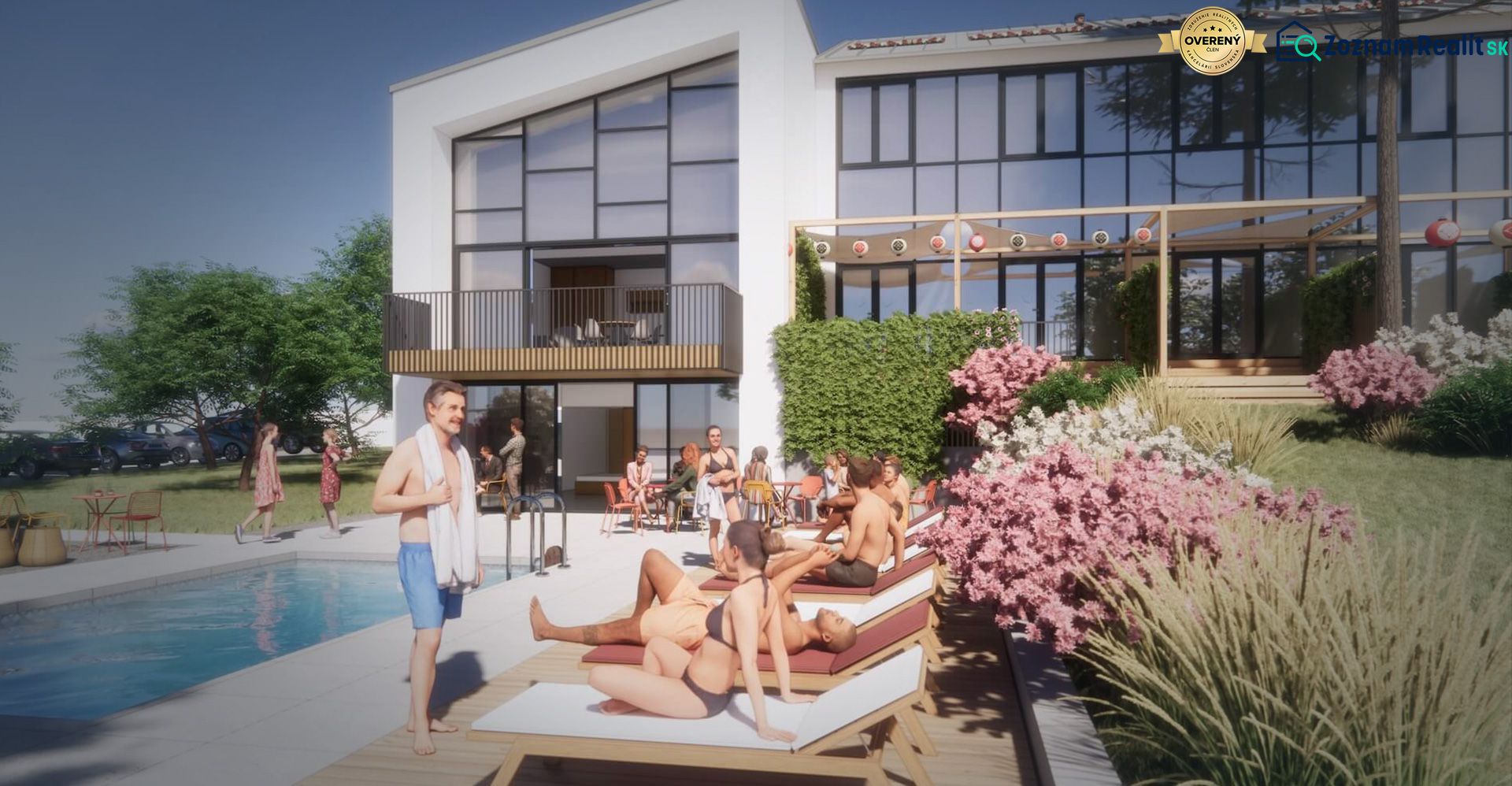 Außenbereich einer Ferienwohnung in Zemplínska Šírava mit Menschen am Pool und Garten.