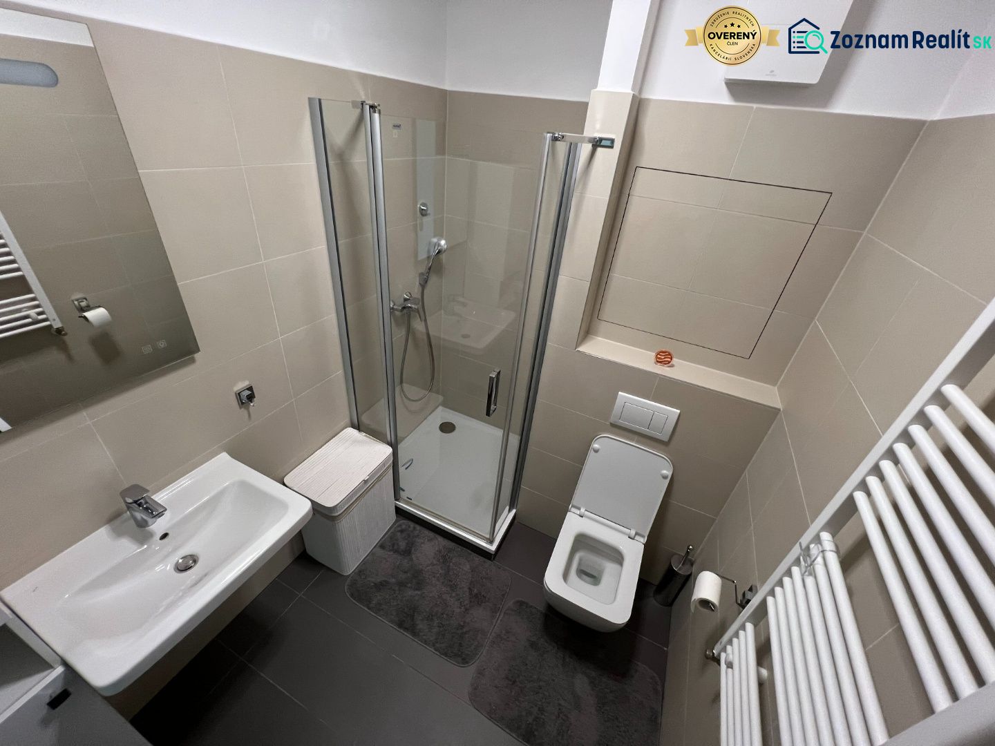Badezimmer mit Dusche und Toilette in einer Einzimmerwohnung.