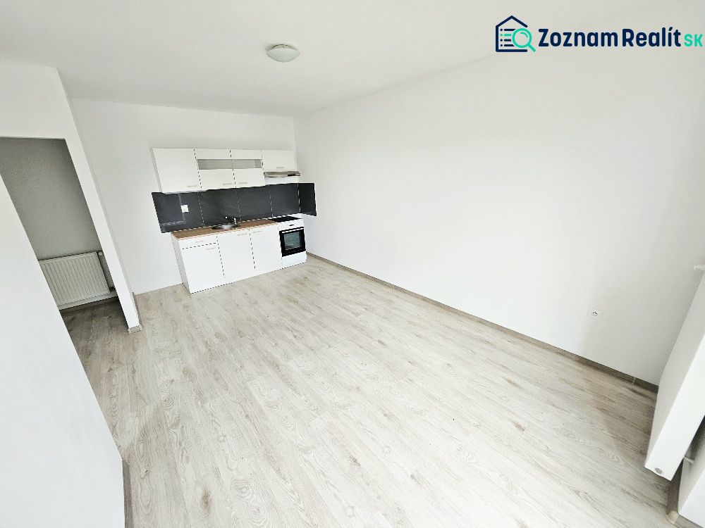 Küchenzeile und Boden mit Holzdekor in einer Einzimmerwohnung.