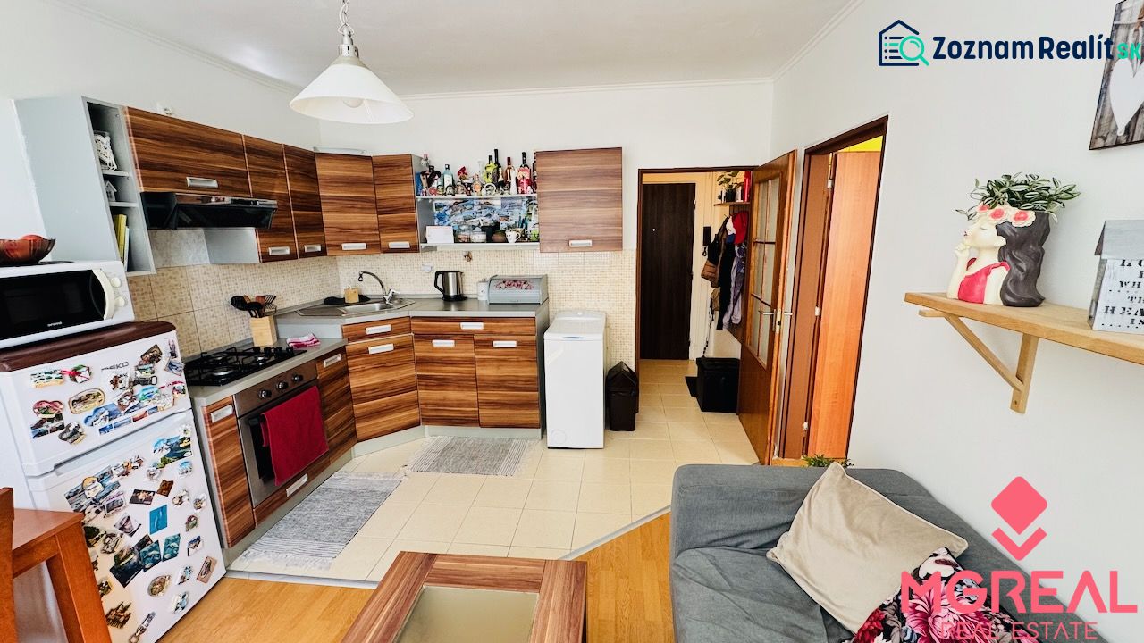 Küche mit Holzdekor und Geräten in einer Einzimmerwohnung, komfortable Anordnung.