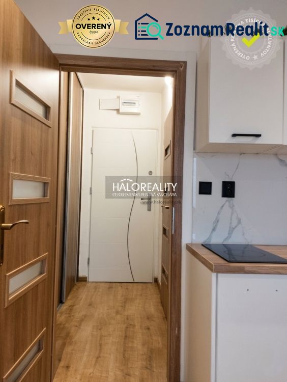 Einzimmerwohnung mit Küchenarbeitsplatte und Boden in Holzoptik.