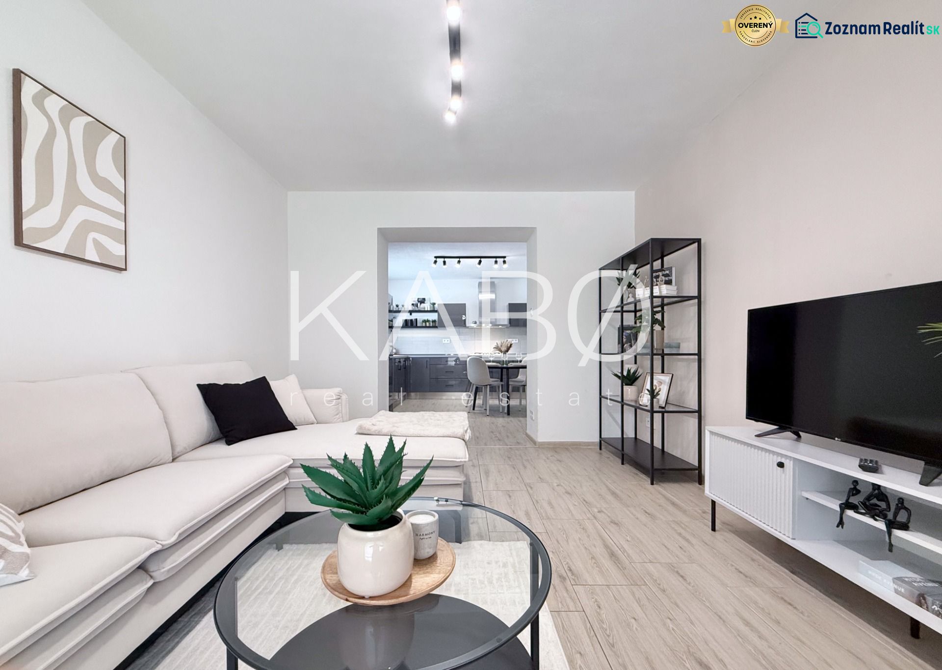 Wohnzimmer in einer Zweizimmerwohnung mit Holzboden, Sofa und Fernseher.