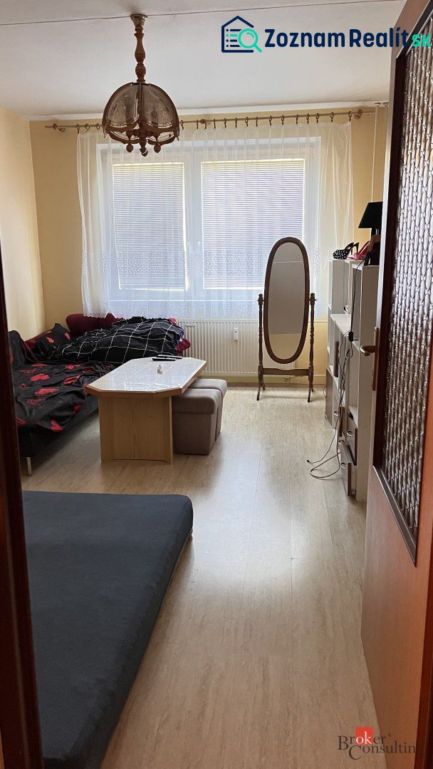 Wohnzimmer in einer 2-Zimmer-Wohnung mit Holzboden und Möbeln.