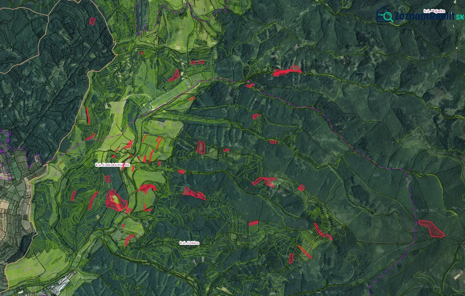 Luftaufnahme von landwirtschaftlichen und forstwirtschaftlichen Flächen rund um Ľubica mit Grenzmarkierungen.