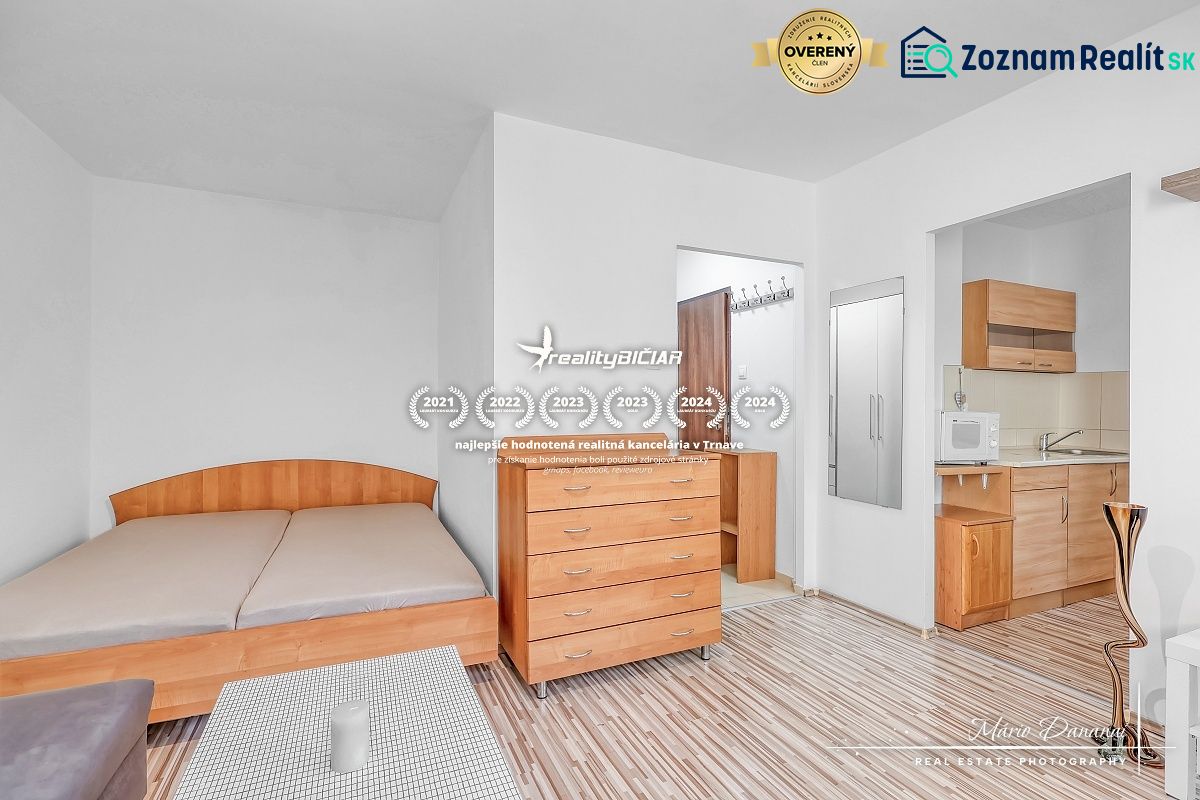 Einzimmerwohnung mit Bett, Kommode und Kochnische mit Holzboden.