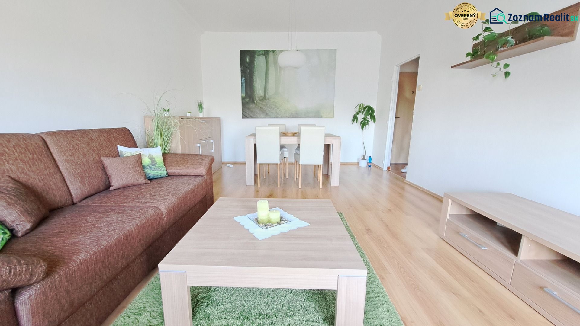 Wohnzimmer in einer 2-Zimmer-Wohnung mit braunem Sofa und Boden in Holzoptik.