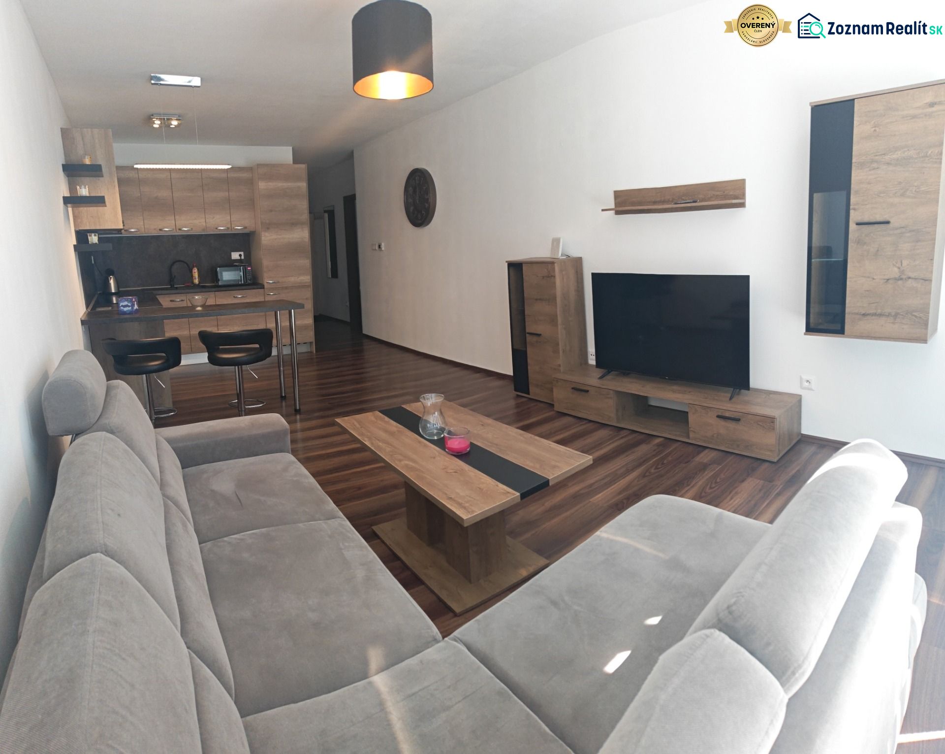 Wohnzimmer in einer 2-Zimmer-Wohnung mit Holzboden, Sofa und TV-Wand.