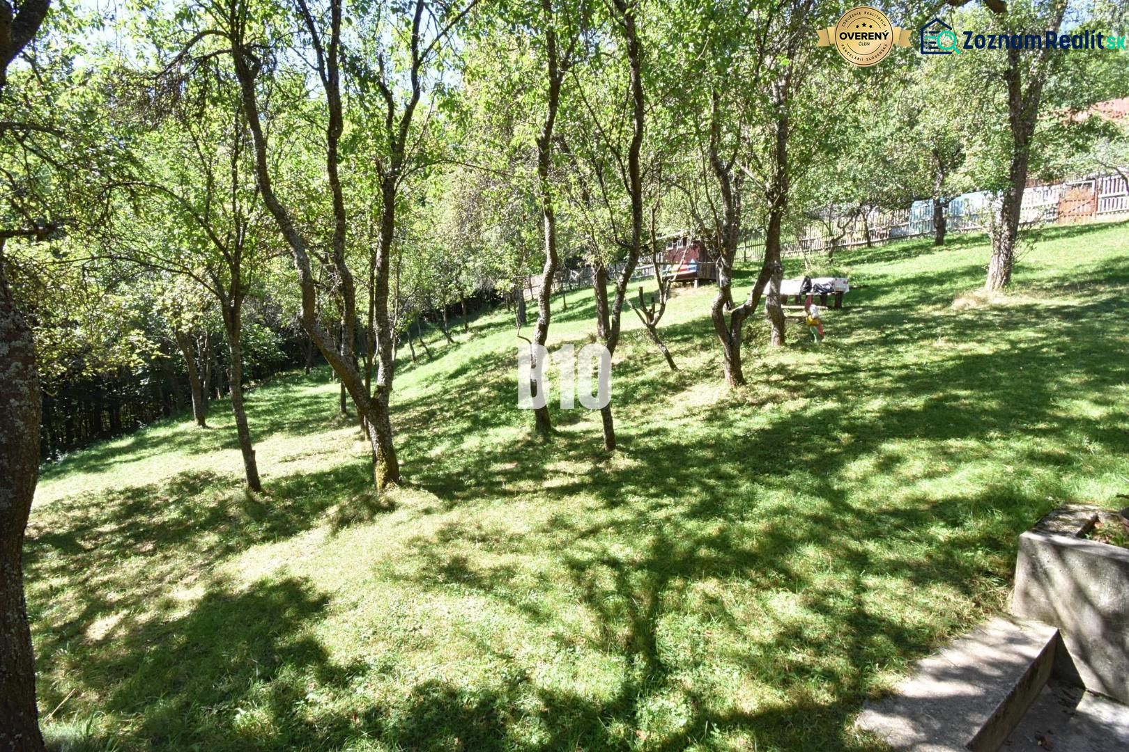 Garten in Dlhé Pole bei einem Einfamilienhaus mit Rasenfläche und Bäumen.