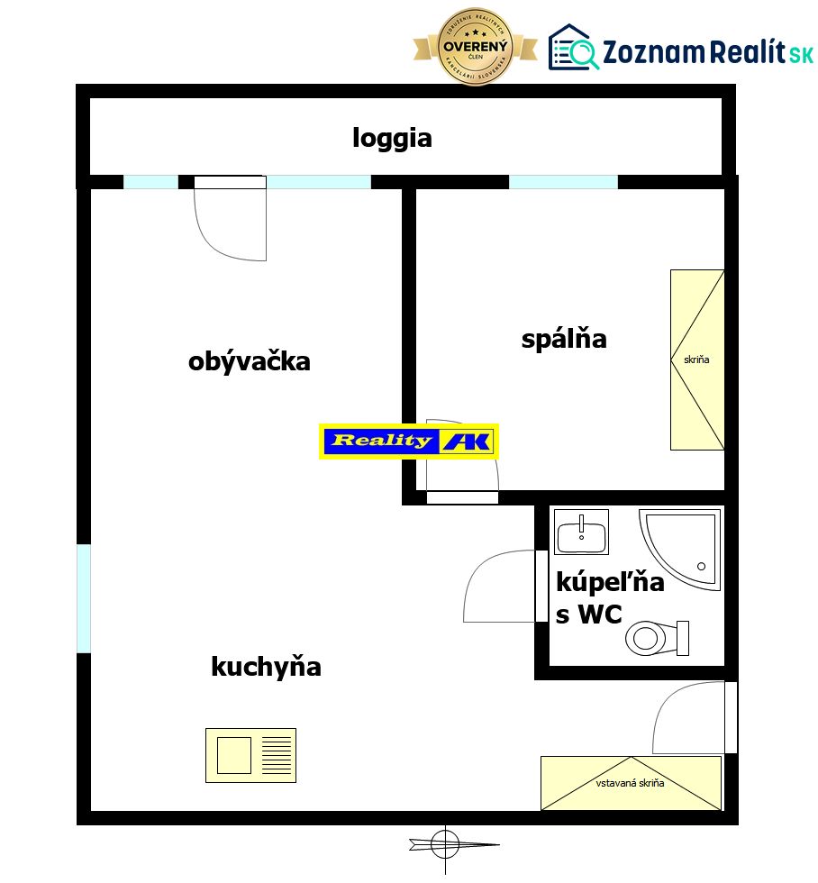 Grundriss einer 2-Zimmer-Wohnung mit Loggia, Wohnzimmer, Küche und Badezimmer mit WC.