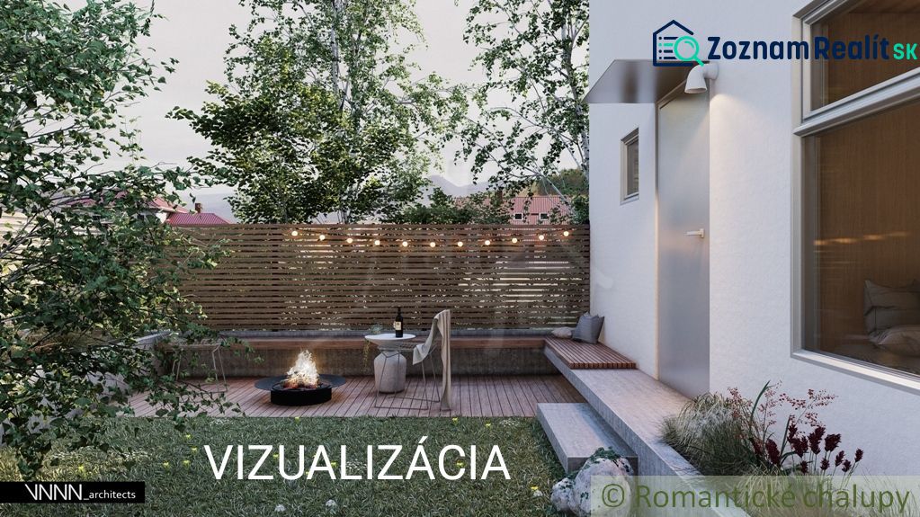 Ein Einfamilienhaus in Banská Bystrica, ein Garten mit Feuerstelle, ein Holzzaun, eine gemütliche Atmosphäre.