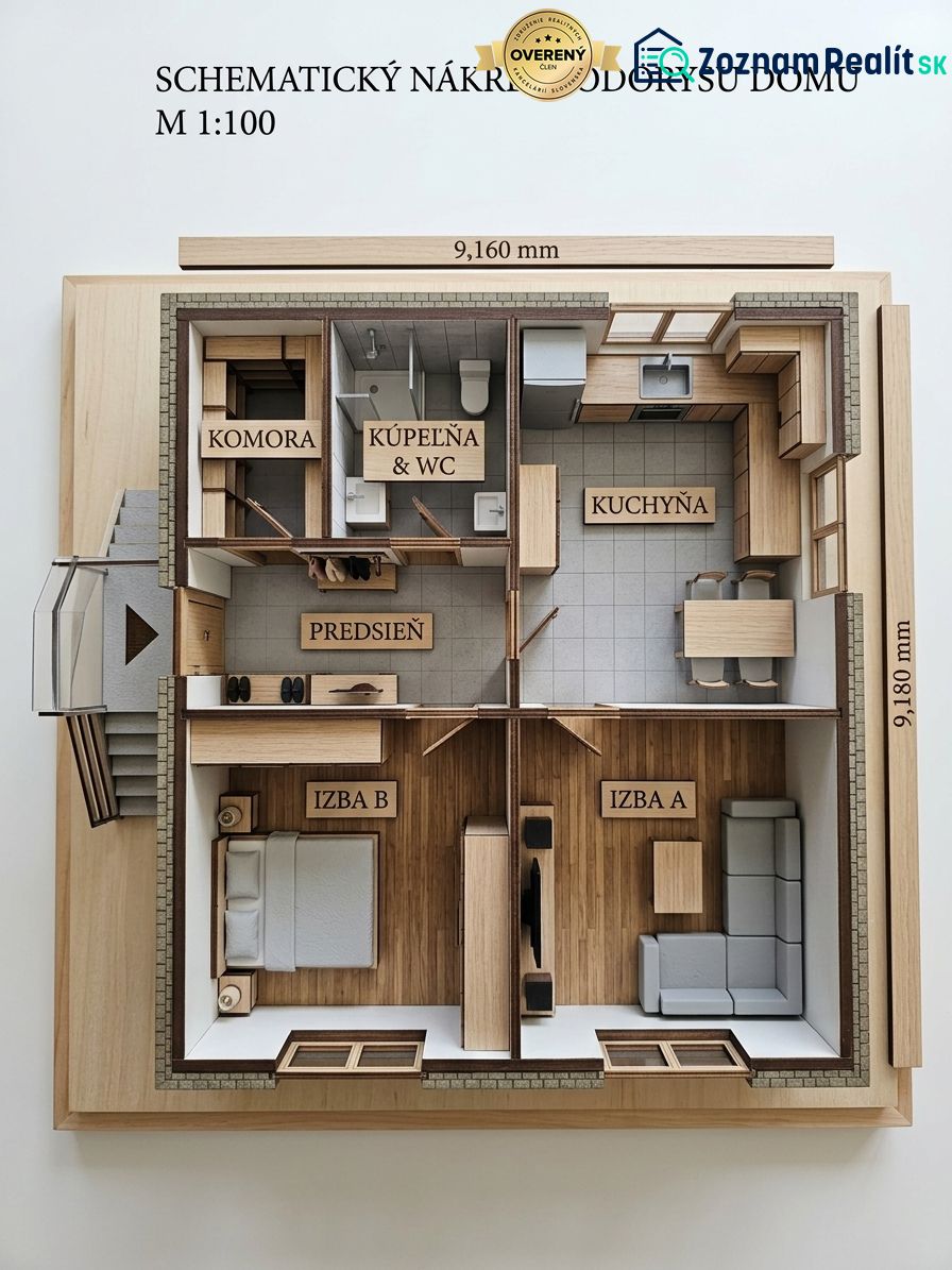 Grundriss eines Einfamilienhauses mit Vorraum, Speisekammer, Badezimmer, Küche und Zimmern mit Holzdekor.