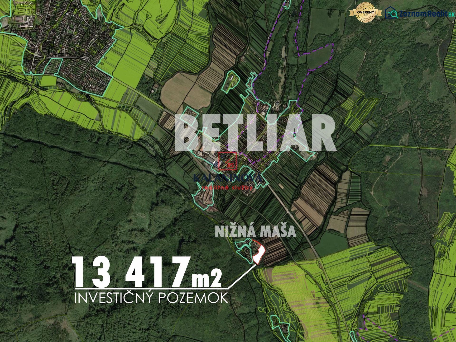 Karte des Investitionsgrundstücks mit einer Fläche von 13.417 m² in Betliar.