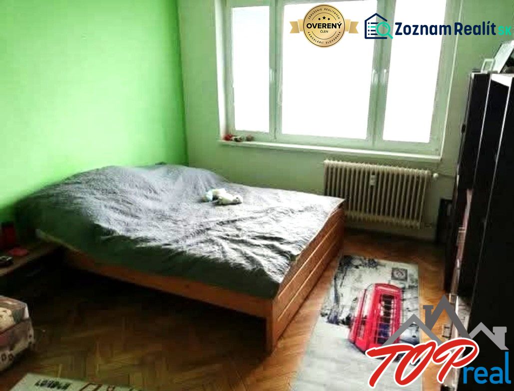 Schlafzimmer in einer Einzimmerwohnung mit grüner Wand und Boden in Holzoptik.