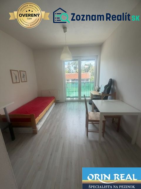 Einzimmerwohnung mit Möbeln, Boden mit Holzdekor, heller Raum und Balkontüren.