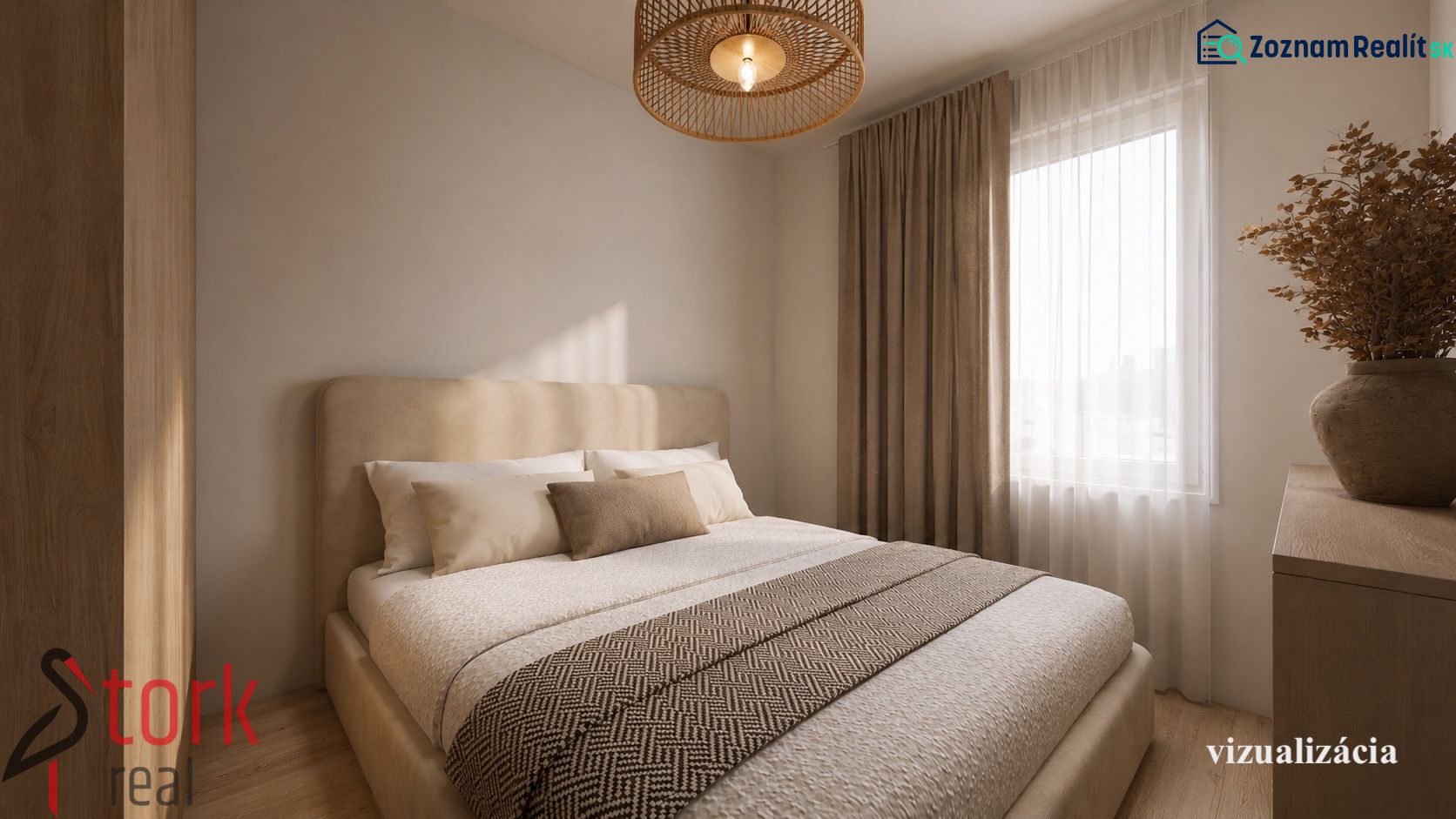 Schlafzimmer mit bequemem Bett, Vorhängen und Lampe in einer 2-Zimmer-Wohnung, Boden mit Holzdekor.