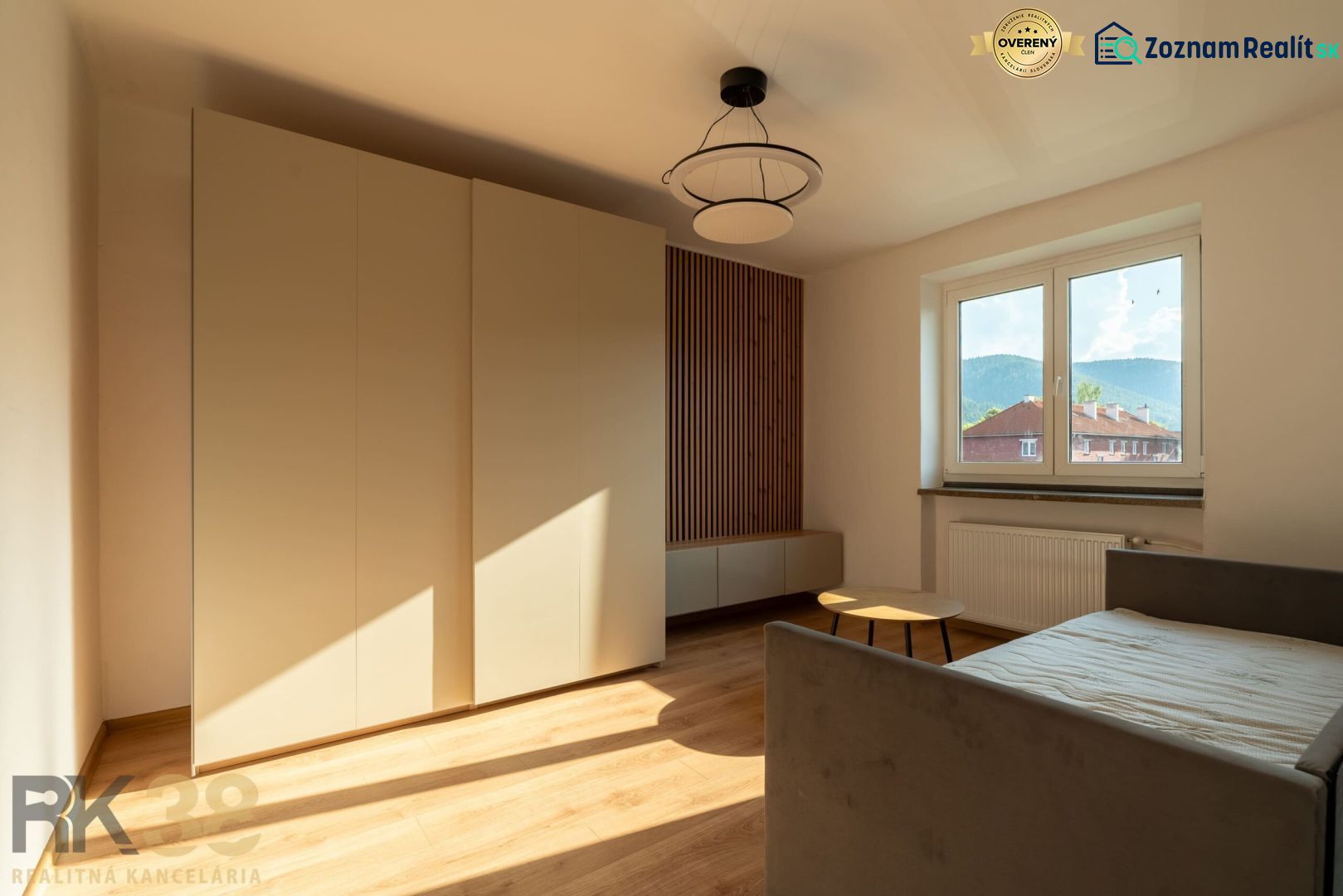 Ein Zimmer in einer Einzimmerwohnung mit einem Boden in Holzoptik, einem Sofa und einem Kleiderschrank.