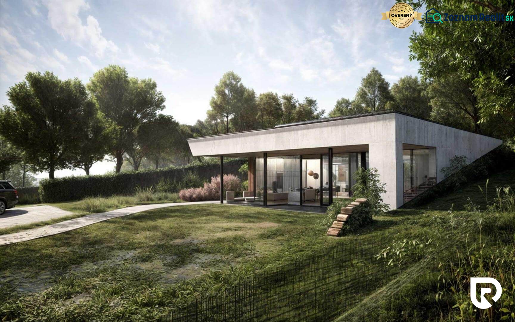 Ein Einfamilienhaus in Častkovce, umgeben von Grün, mit einer Terrasse und einer verglasten Fassade.