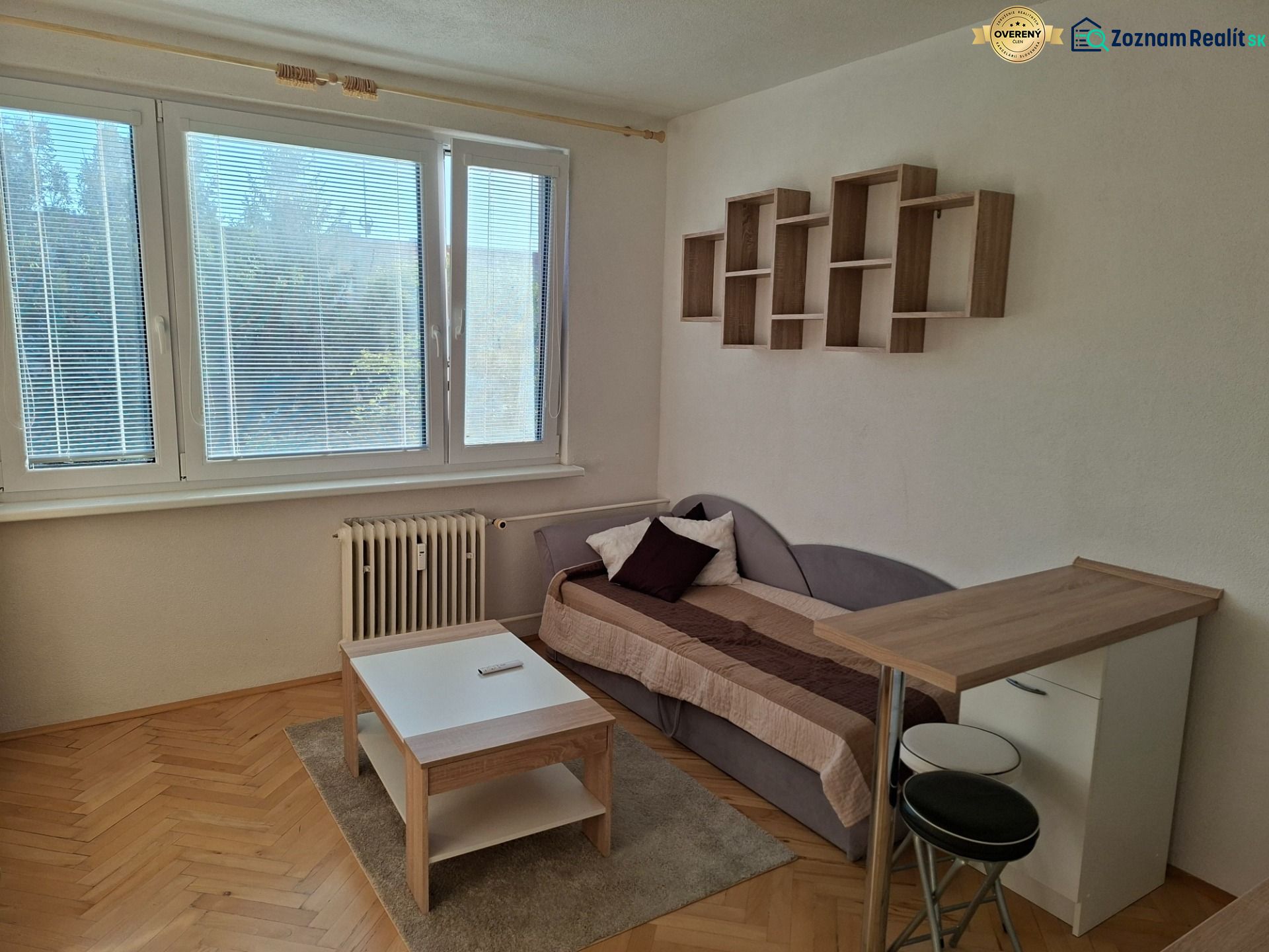 Einzimmerwohnung mit Holzboden, Sofa, Tisch und Hängeregal.