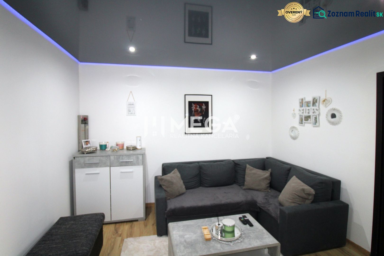 Wohnzimmer in einer 3-Zimmer-Wohnung mit Sofa und Holzboden.