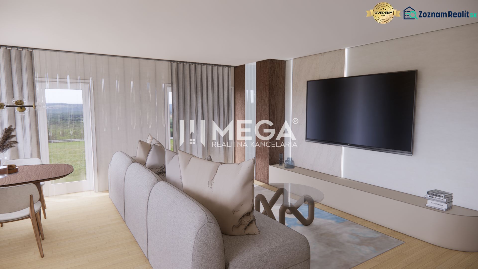 Wohnzimmer in einem Einfamilienhaus mit bequemer Couch, Fernseher und Boden in Holzoptik.