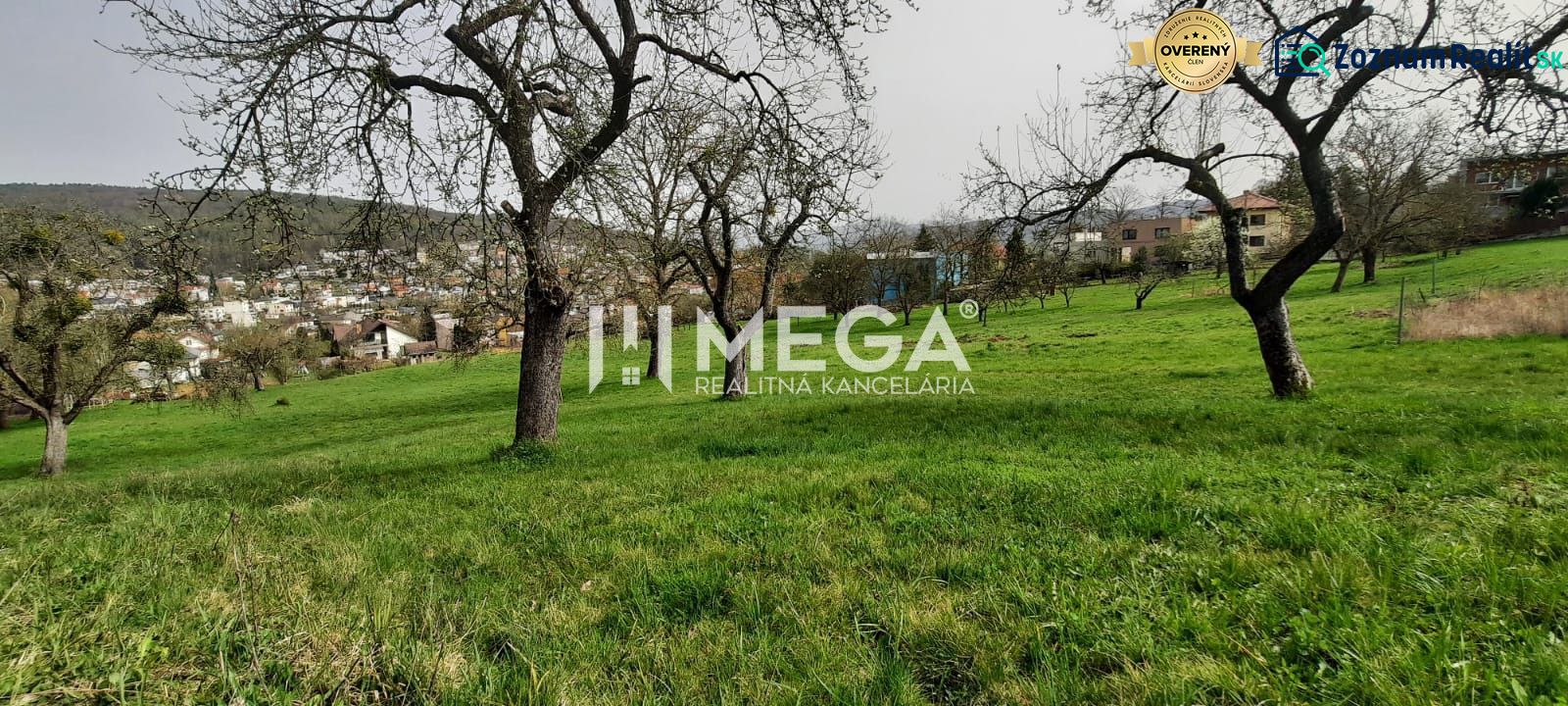 Blick auf eine grüne Wiese mit Bäumen und Aussicht auf Humenné von der Brestovská-Straße.