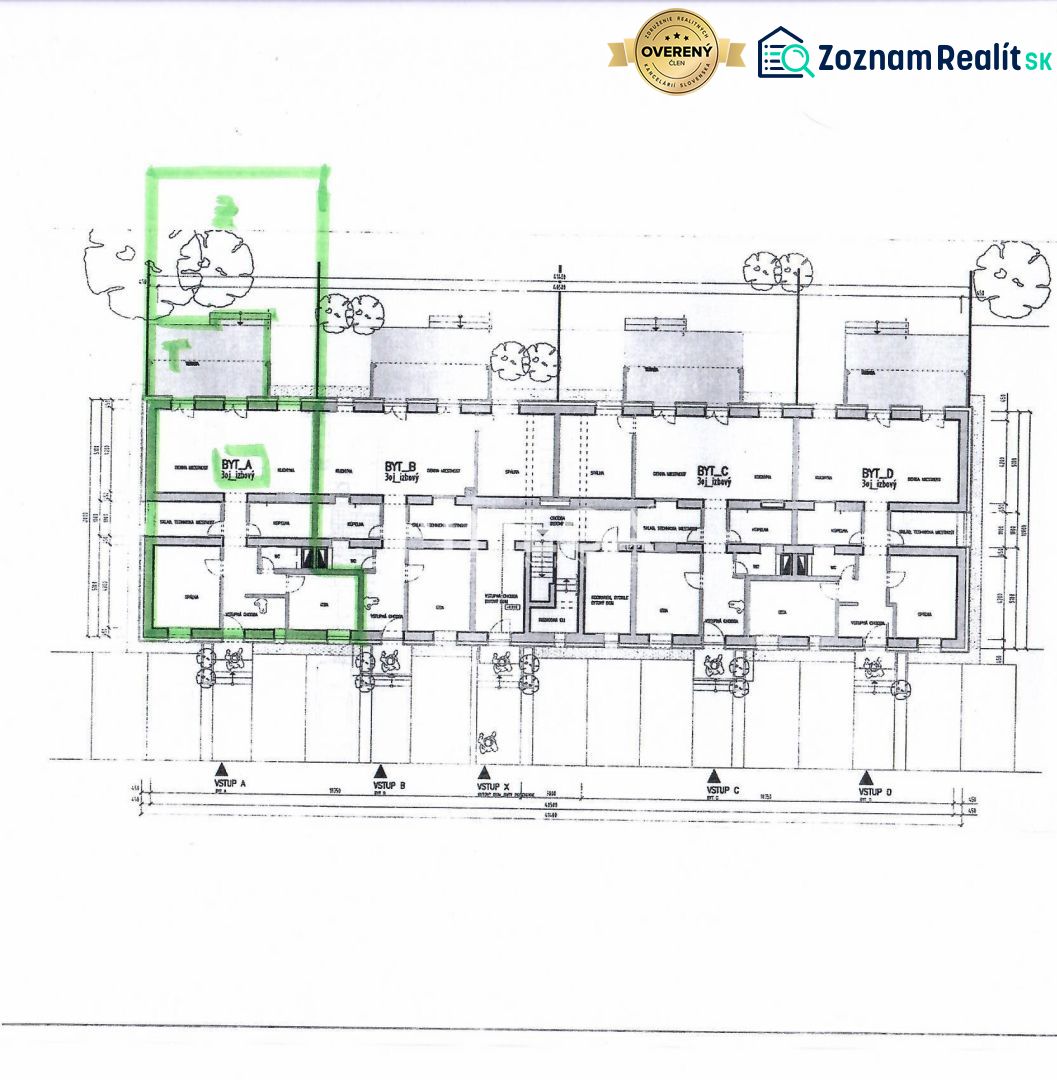 Grundriss einer 3-Zimmer-Wohnung mit Markierung der Räume und umliegender Grünfläche in der Mitte des Plans.