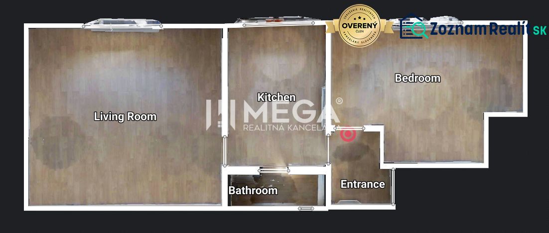 Grundriss einer 2-Zimmer-Wohnung mit Holzboden.