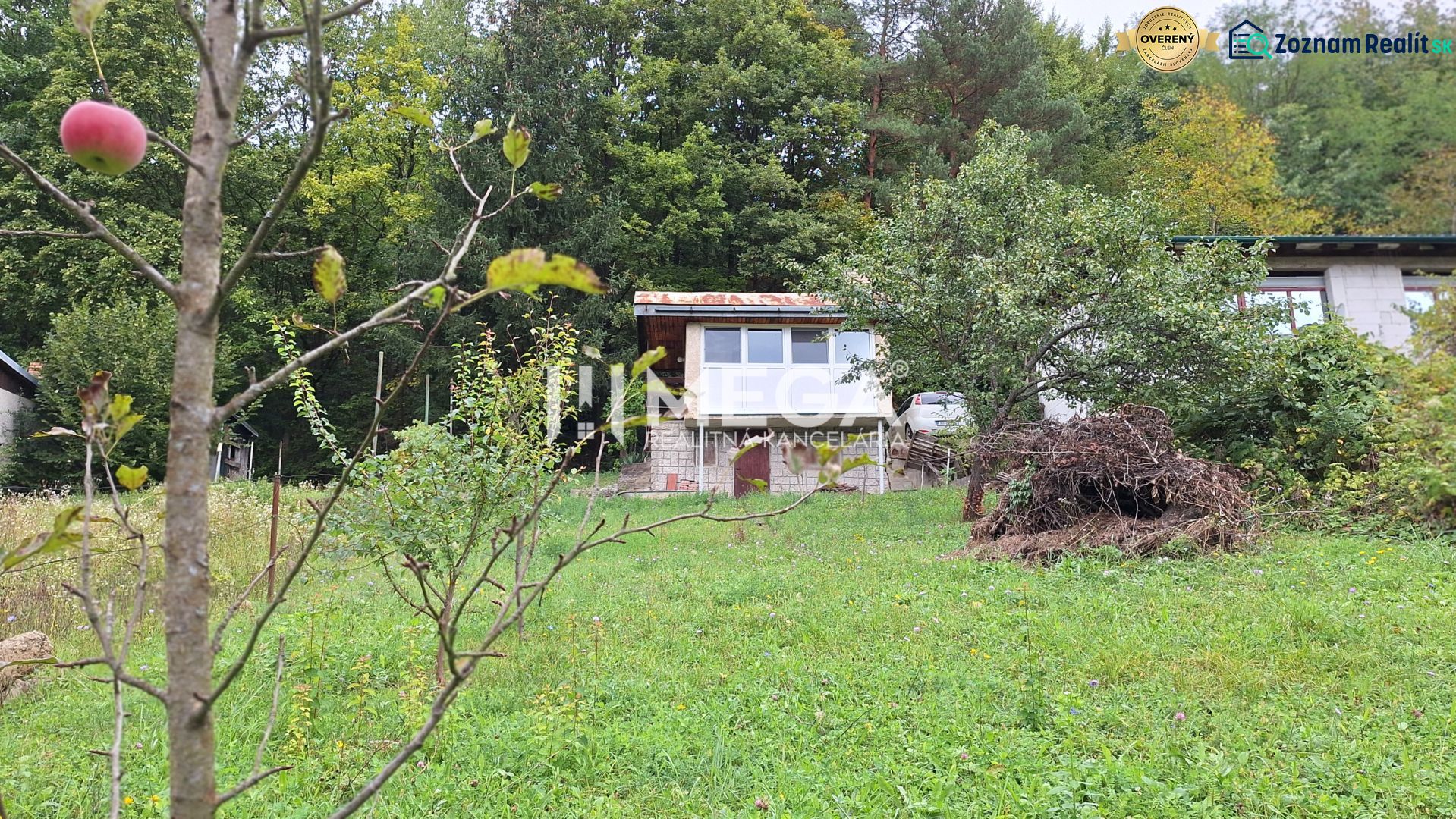 Eine Hütte im Kleingartenbereich Drienovec bei Humenné mit Obstbäumen in einer grünen Umgebung.