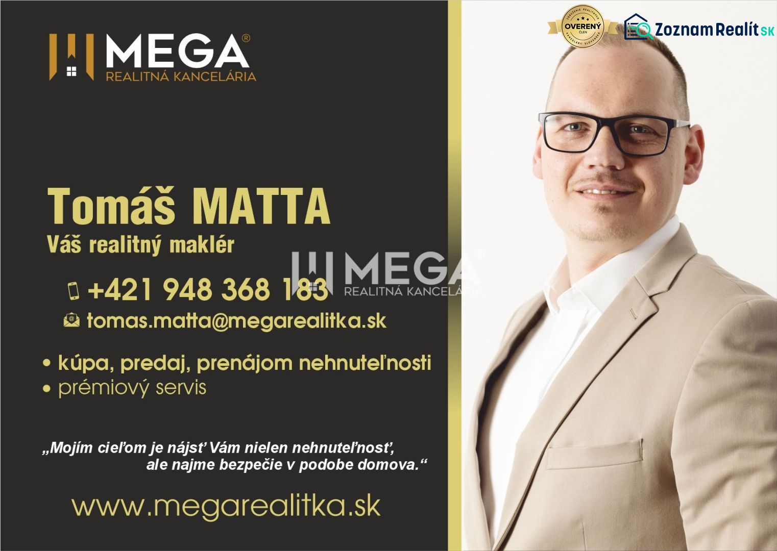 Vizitka realitného makléra s kontaktnými údajmi a špeciálnou ponukou služieb.

Visitenkarte eines Immobilienmaklers mit Kontaktdaten und einem speziellen Dienstleistungsangebot.