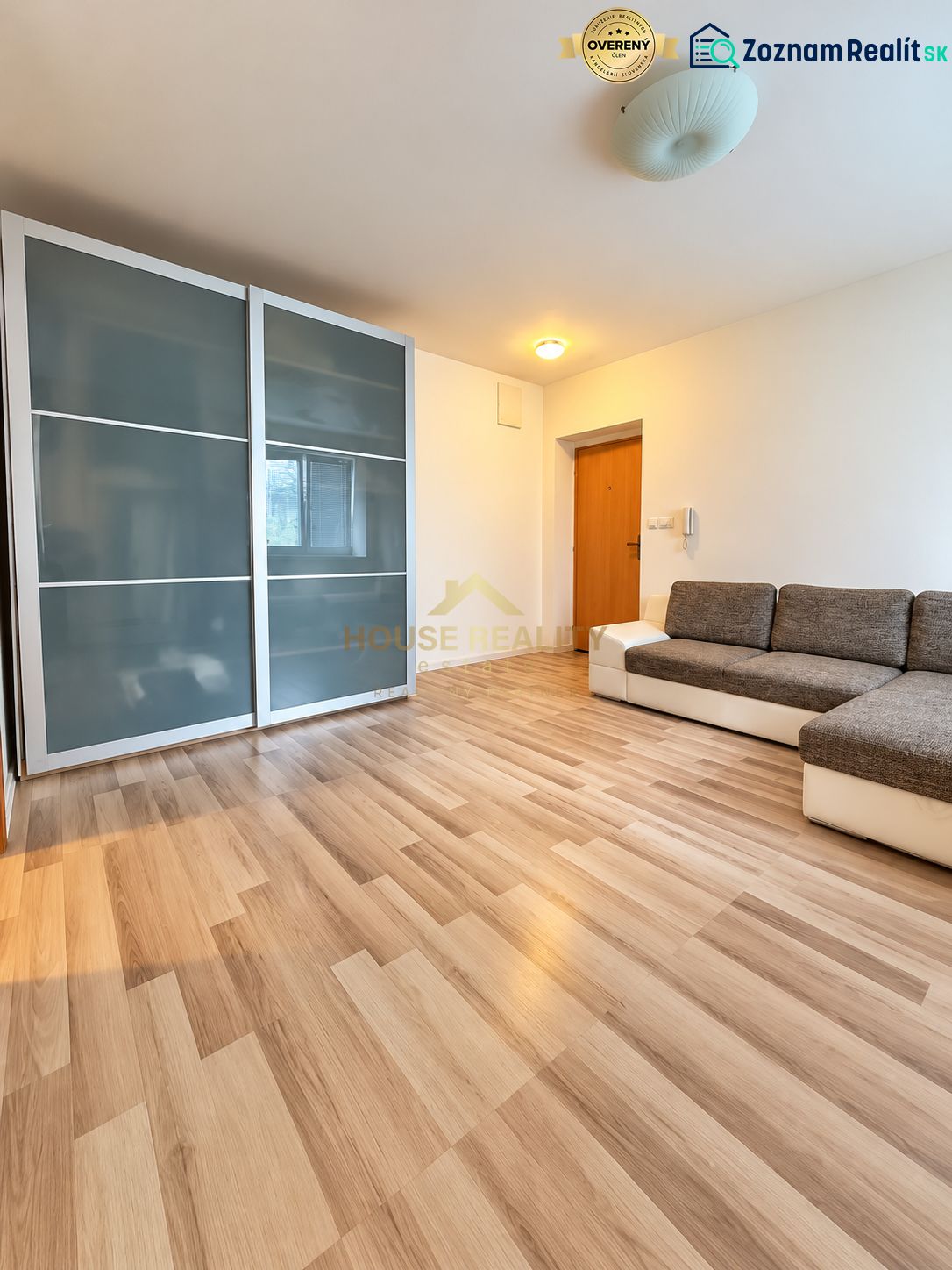 Einzimmerwohnung mit Holzboden, Einbauschrank und bequemer Couch.