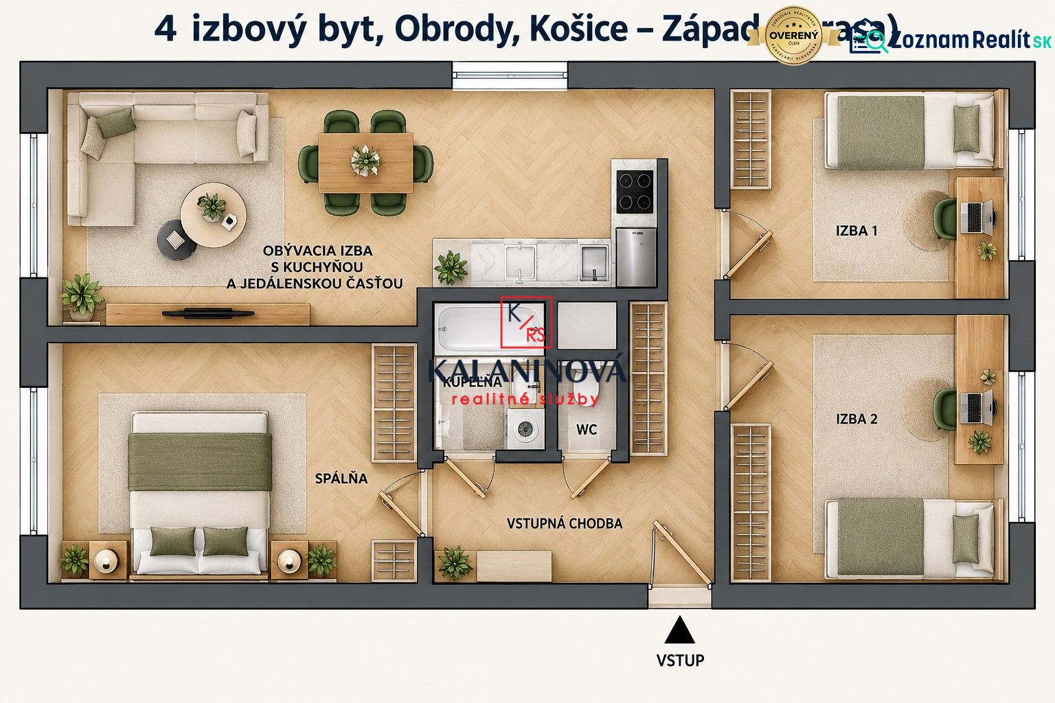Grundriss einer 4-Zimmer-Wohnung mit Holzboden umfasst Zimmer und Küche.