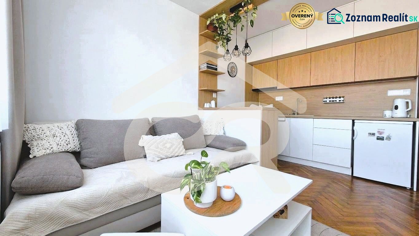 Einzimmerwohnung mit Küche, Sofa, Regalen und Boden in Holzoptik.