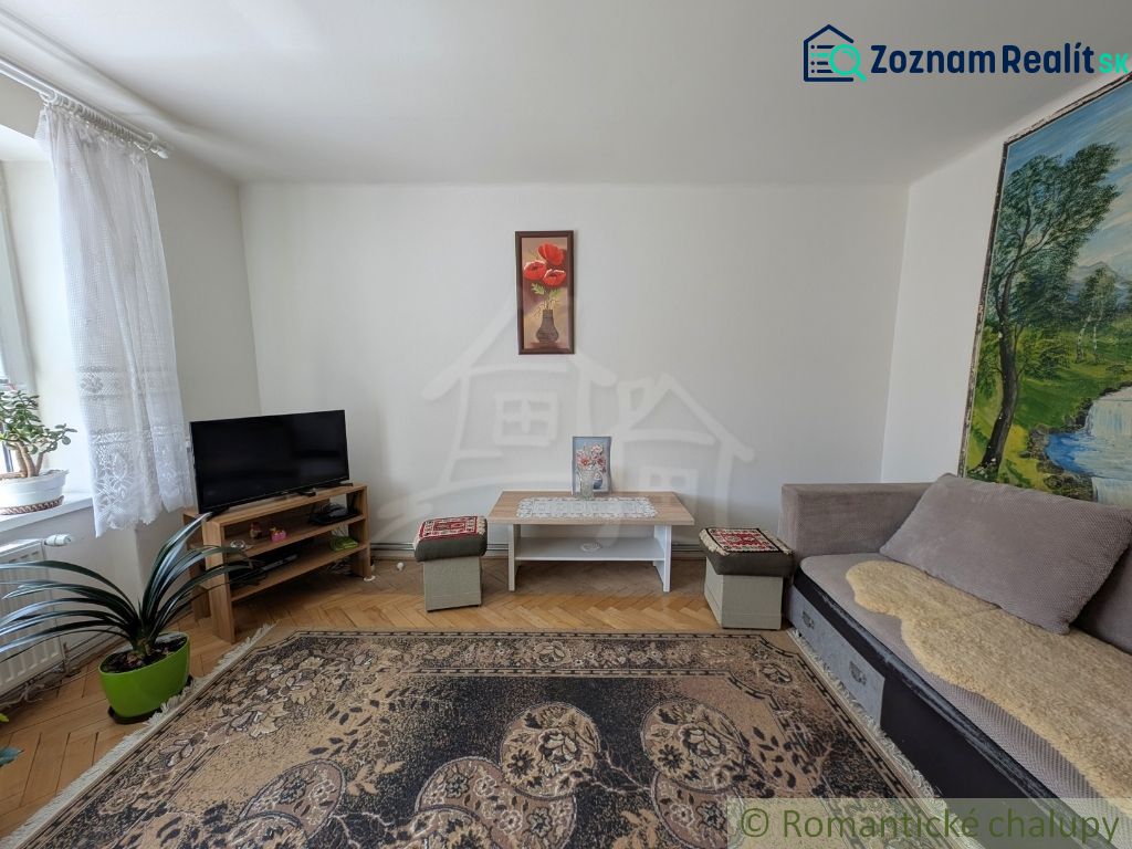 Wohnzimmer in einer 2-Zimmer-Wohnung mit Teppichen und Holzboden.