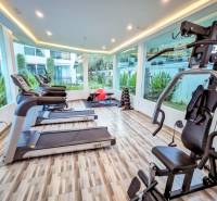 Innen-Fitnessraum mit Trainingsgeräten in einem Wohnungsbaugebäude.