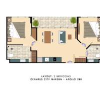 Grundriss einer 3-Zimmer-Wohnung mit zwei Schlafzimmern, Küche, Wohnzimmer, Terrasse und zwei Badezimmern.