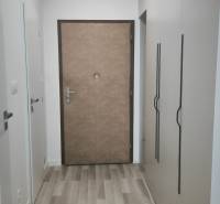 Eingangsbereich in einem Einzimmerapartment, helle Wände, Holzboden und Einbauschrank.