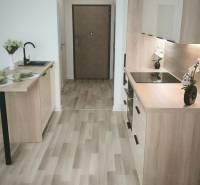 Küche in einem Einzimmerapartment mit Holzboden, Herd und Esstisch.