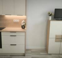 Küchenzeile und Schrank mit Fernseher in einem Einzimmerapartment.