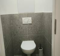 Toilette mit Fliesen und hängendem WC in einem Einzimmerapartment.