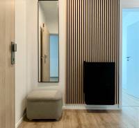 Flur mit Holzverkleidung und Spiegel in einer 2-Zimmer-Wohnung.