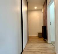 Der Flur in einer 2-Zimmer-Wohnung mit hellen Holzböden und weißen Wänden.