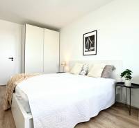 Helles Schlafzimmer mit Bett, Kleiderschrank, Schreibtisch in einer 2-Zimmer-Wohnung.
