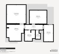 Ein Einfamilienhaus mit einer Raumaufteilung, die ein Wohnzimmer, zwei Schlafzimmer, eine Treppe und ein Badezimmer umfasst.